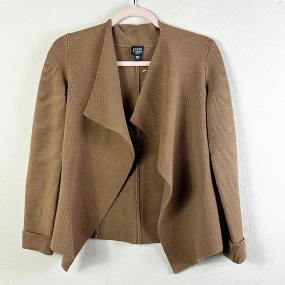 Eileen Fisher Hazelnut Brown Knit Interlock Drape Front Cardigan size P P cotton - Picture 1 of 9